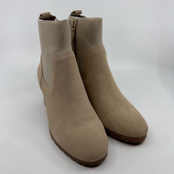 Violet & Red Loaded Knit Cuff Bootie Block Heel Faux Suede Tan Womens Size US 10 - Picture 5 of 9